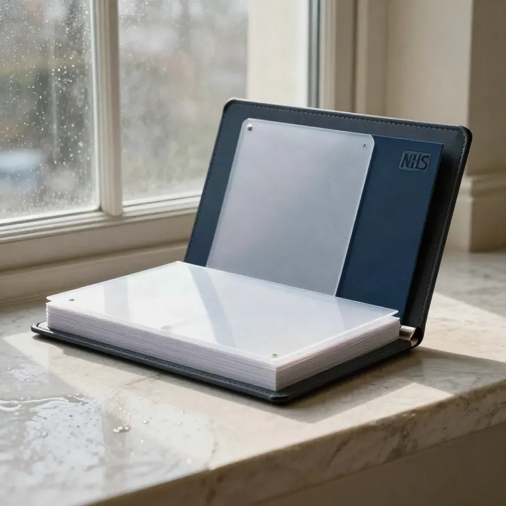 Charcoal healthcare intelligence pack with blank inserts and acetate sheets on a pale stone plinth.