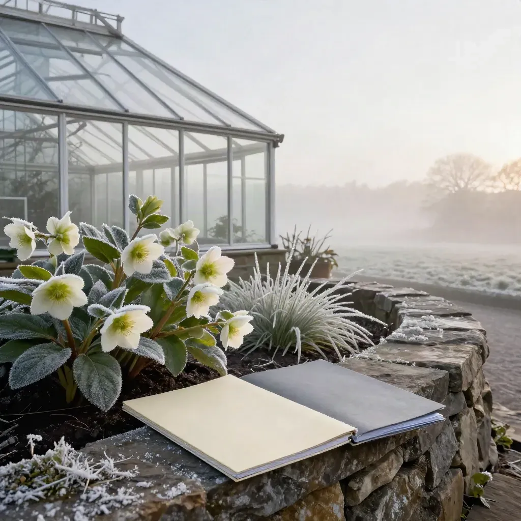 Misty winter greenhouse edge with pale leaves, stone foreground and calm copy space.