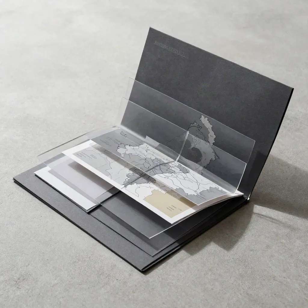 Overhead flatlay of a private care market map folder with acetate overlays on cool concrete.