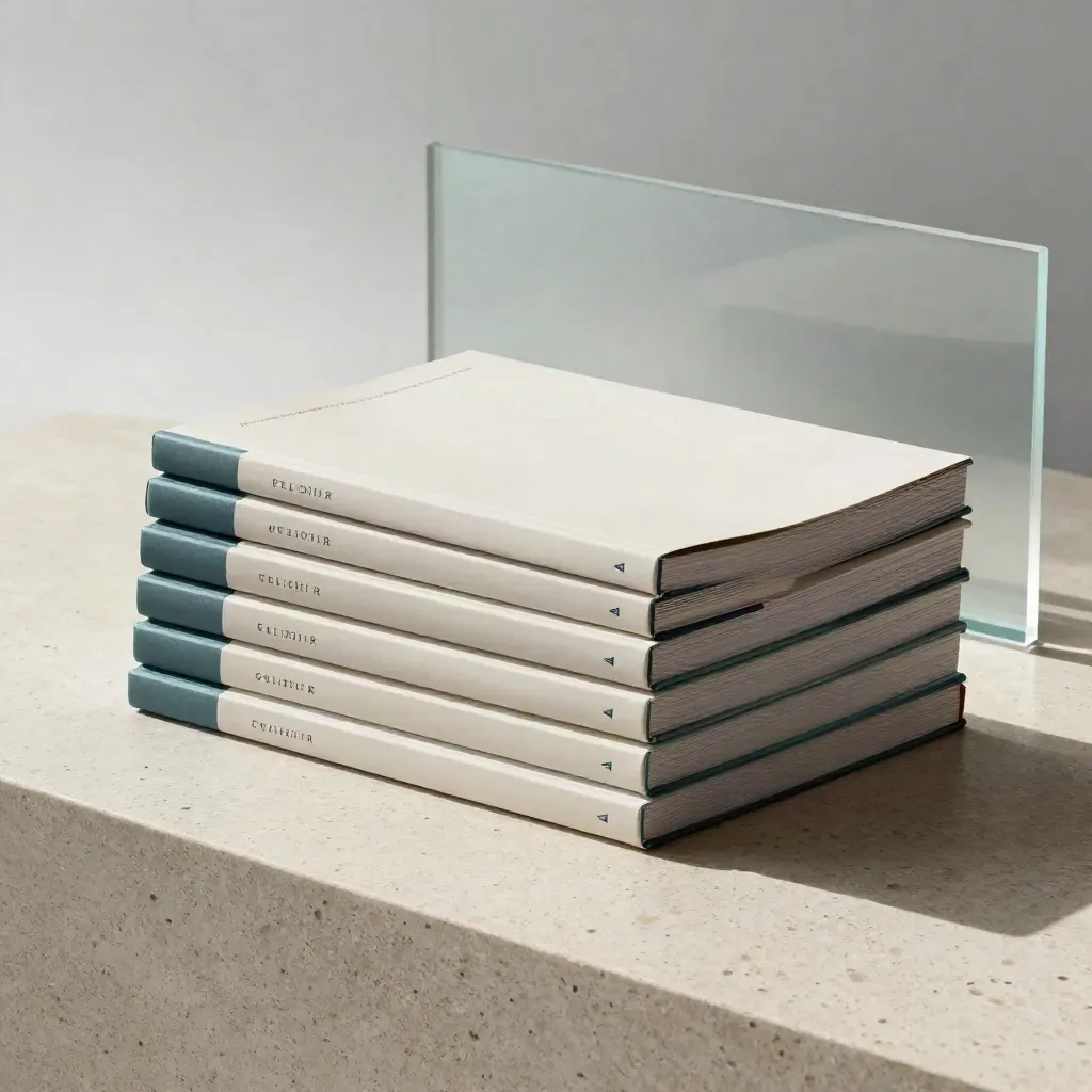 Five healthcare reports and a folded briefing sleeve on a pale plinth with teal accents.