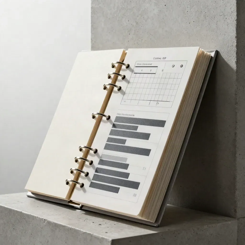 Macro of clinic KPI dashboard boards with tabs and ring binding leaning against a matte block.