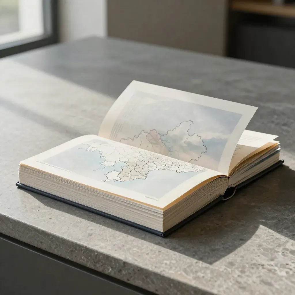 Open NHS trends report on stone with tabs, maps, and translucent dividers.