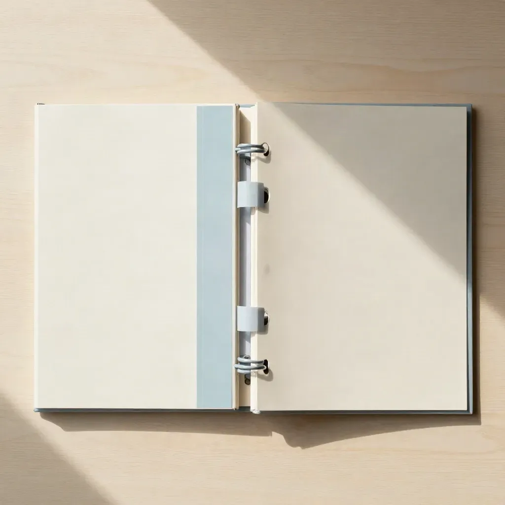 Overhead flatlay of two care-report binders with tabs and a comparison strip on pale wood.