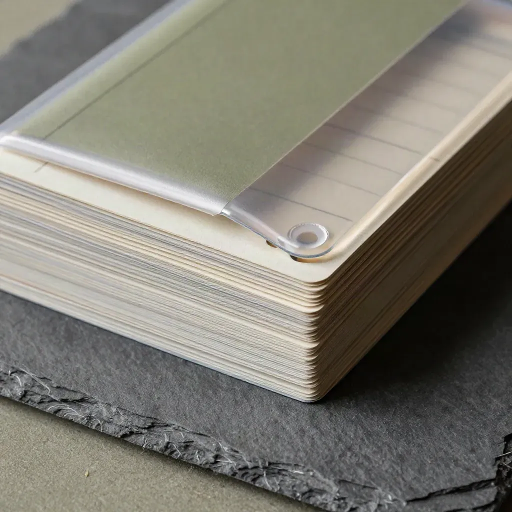 Stacked health tech cards and translucent sleeve in a tight macro close-up