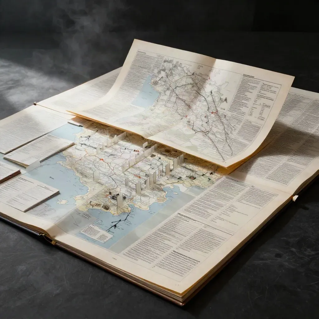 Low dramatic view of a tabbed population health atlas unfolding on a dark studio surface.