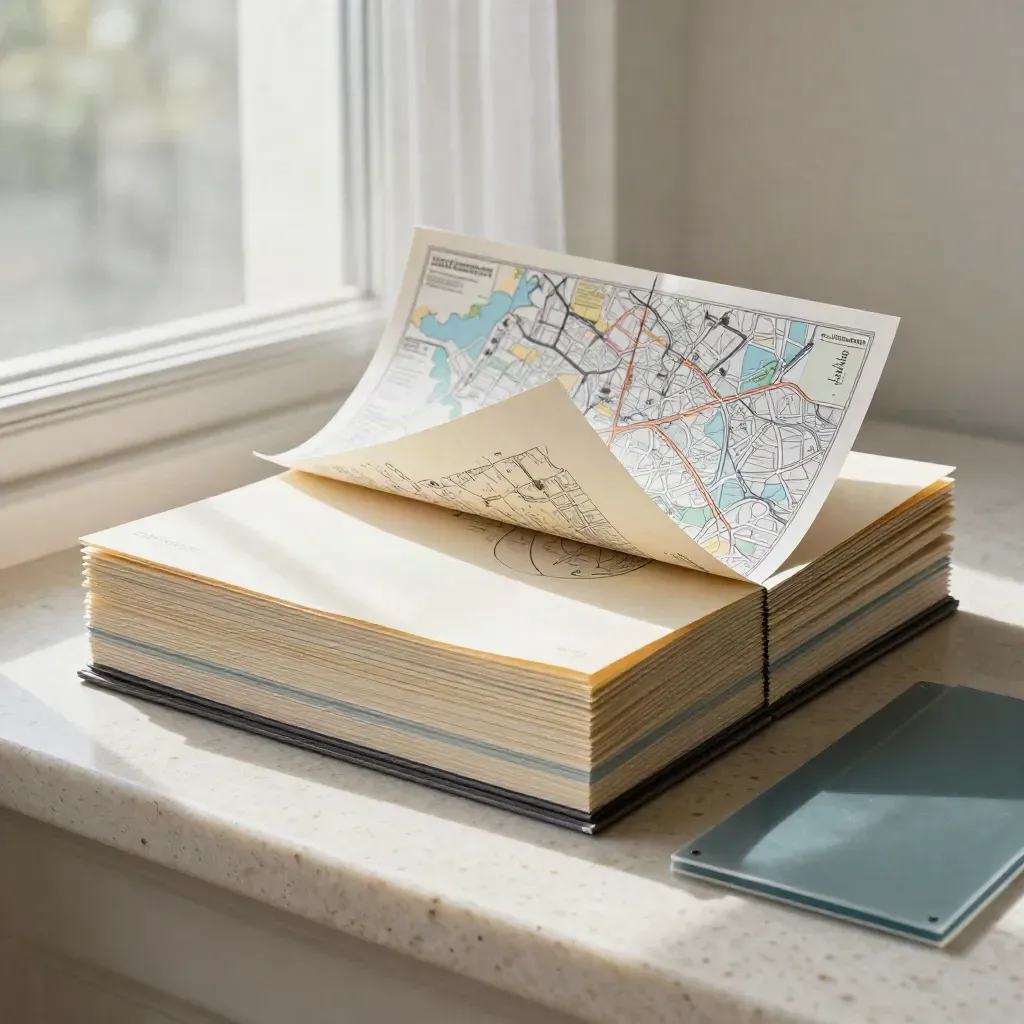 Premium London demand snapshot pack with folded map insert on travertine in soft daylight