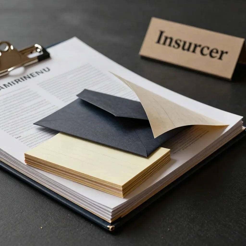 Dark claims briefing dossier with stacked sheets and envelope on a matte-black surface