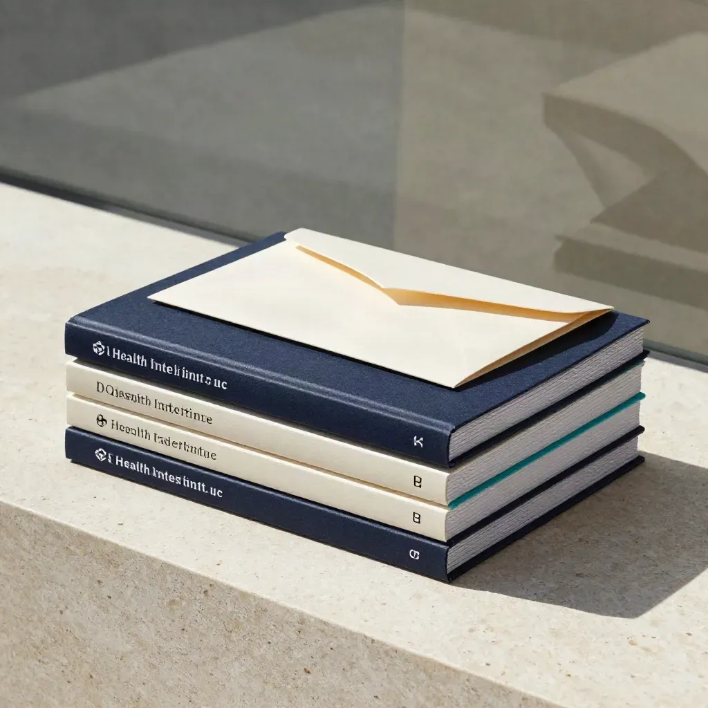 Premium report bundle stack with folder and envelope on travertine in soft daylight.