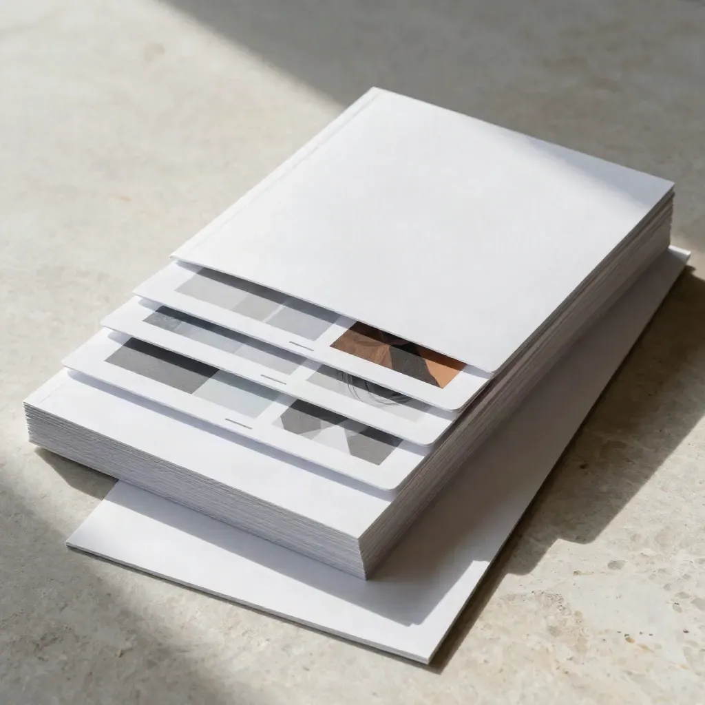 Overhead healthcare report set fanned across pale stone with crisp shadows.