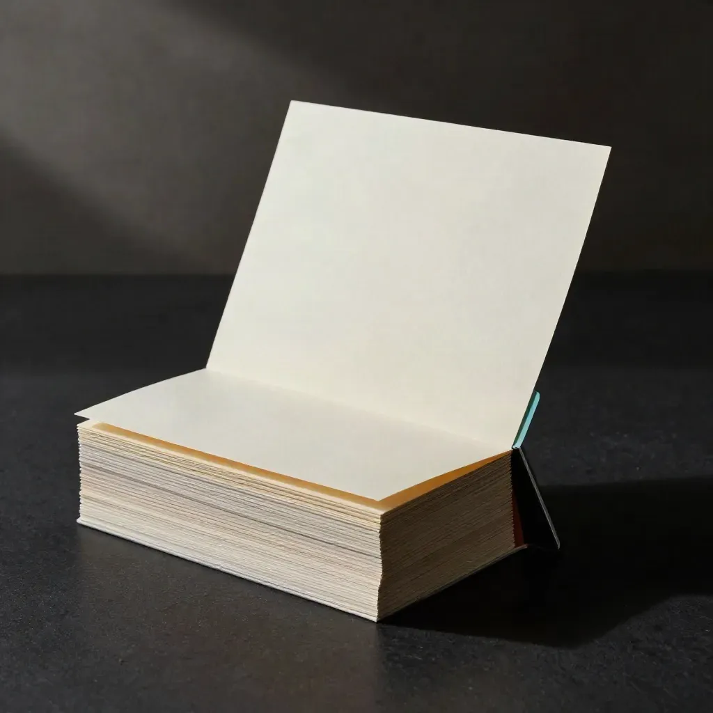 Unbranded private care rate card pack opening on a matte-black surface with teal-edged pages.