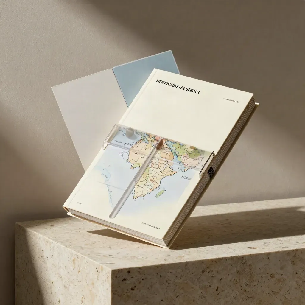 Premium healthcare intelligence report pack with tabs, map inserts and sleeve on pale travertine.