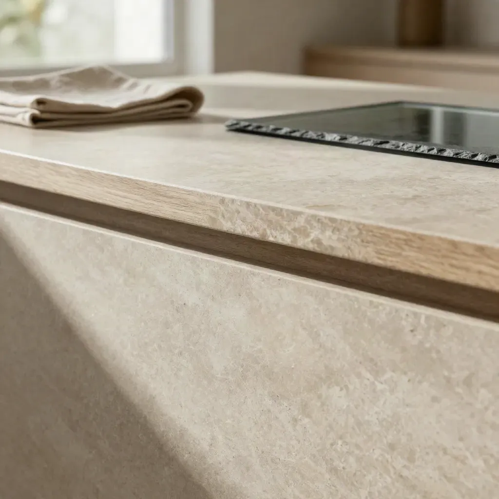 Brushed limestone, oak ledge and linen cloth in soft window light, with calm copy space below.