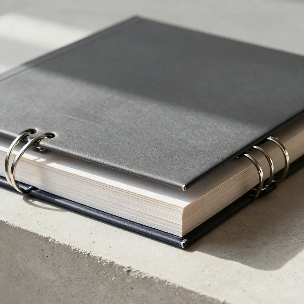 Matte KPI report box with ring-bound sheets and a chart insert on pale concrete