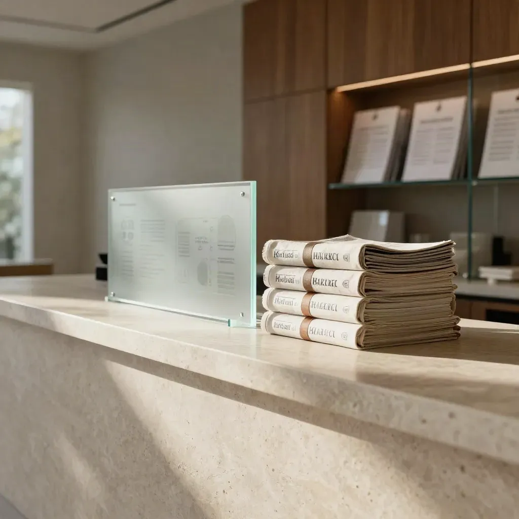 Sunlit stone counter with report binders, glass shelving and soft corridor light