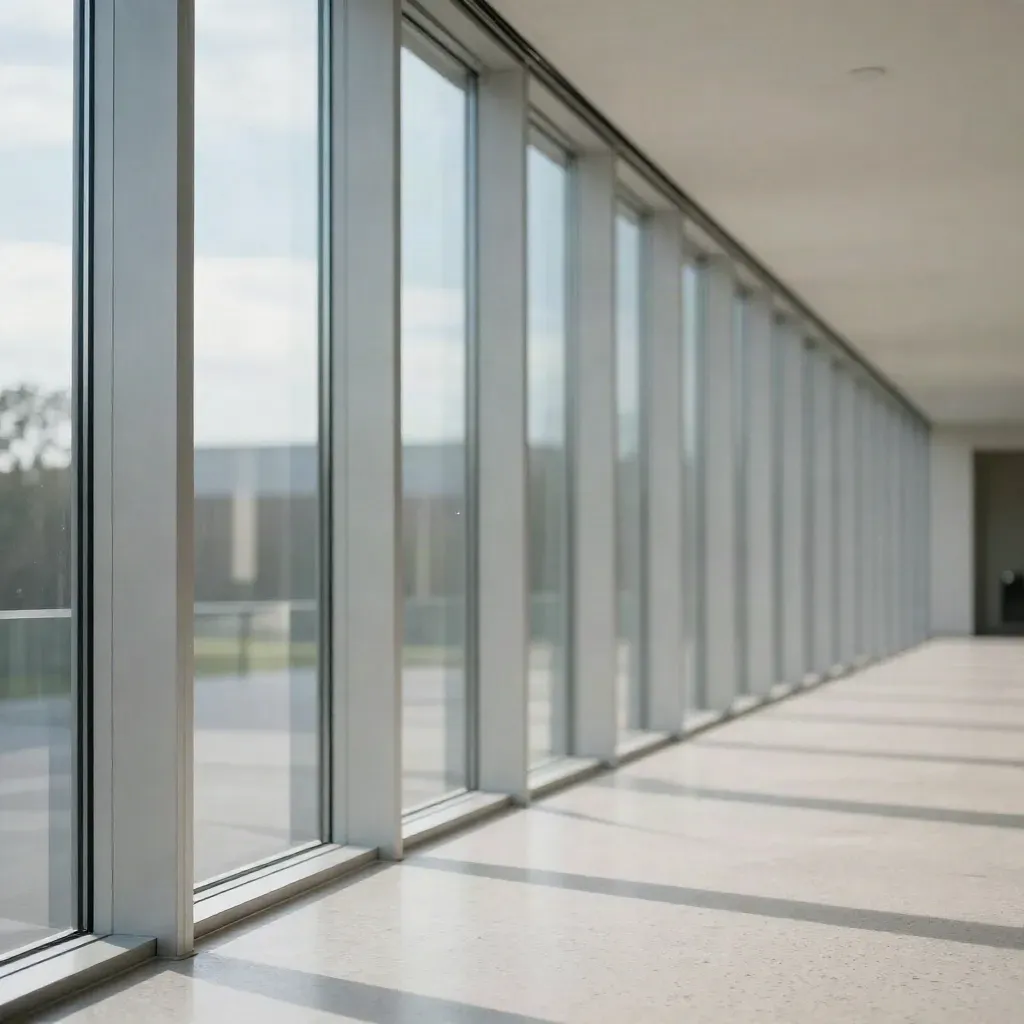 Sunlit glass corridor with pale concrete fins and soft sky reflections, calm floor space below